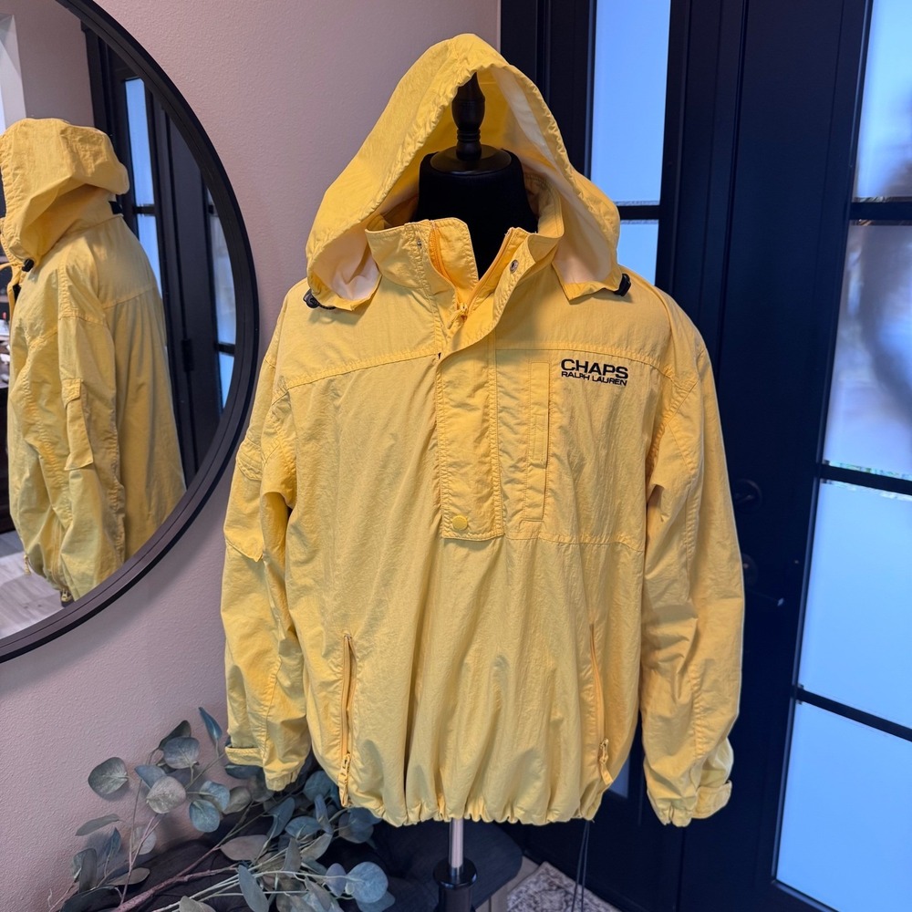 Vintage Chaps Ralph Lauren Yellow Windbreaker Hooded Pullover Jacket Mens L